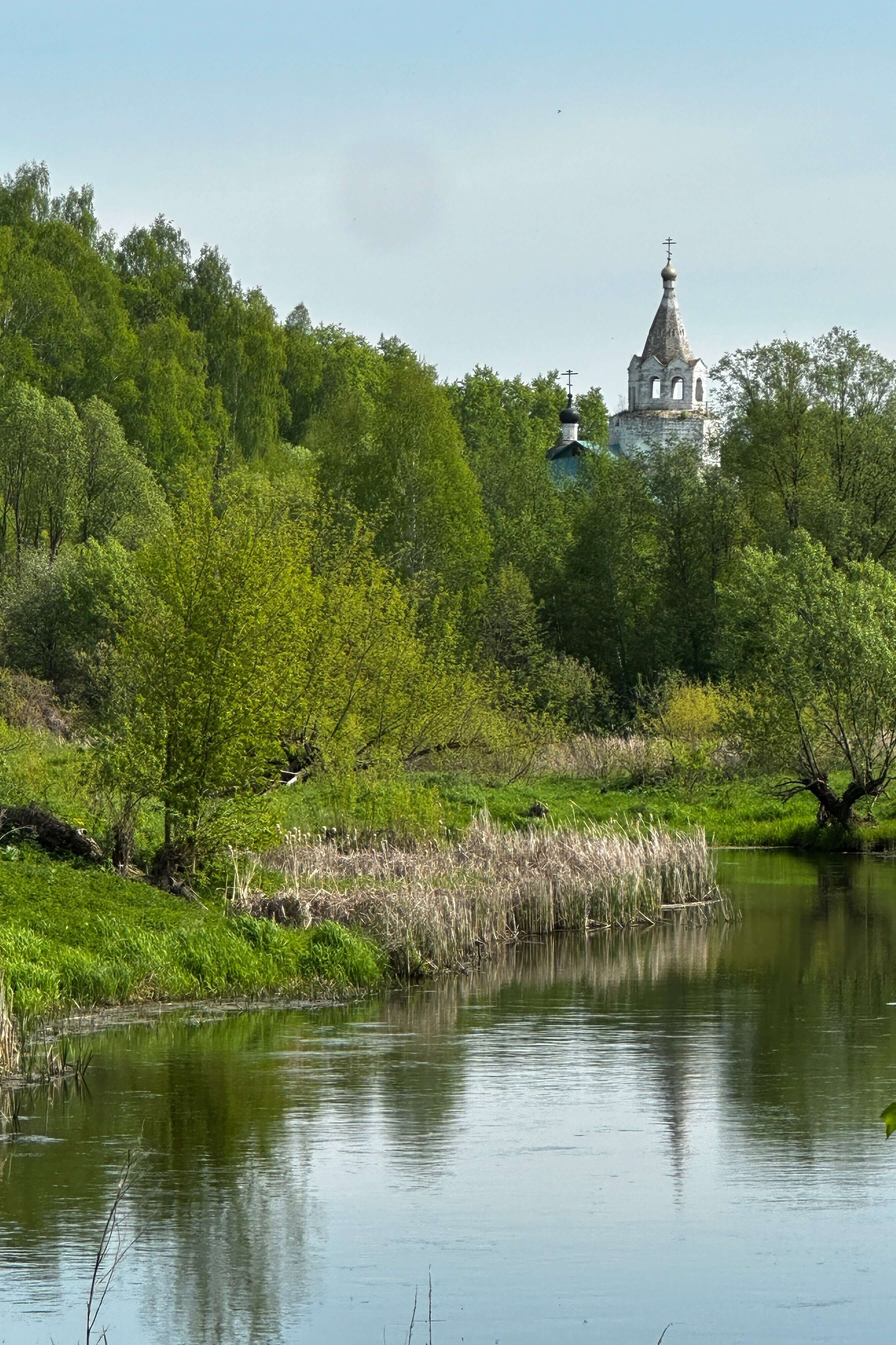 Деревенская церковь с куполом среди берёз над рекой.