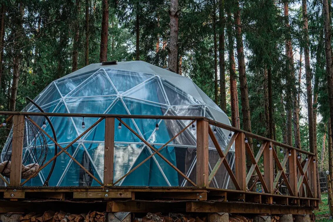Геодезический купол с панорамной крышей среди сосен.